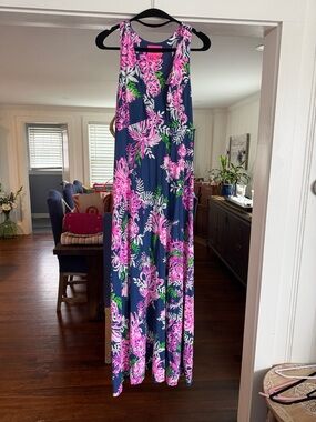 Lilly Pulitzer Navy Maxi Dress with Pink & Green Floral Print